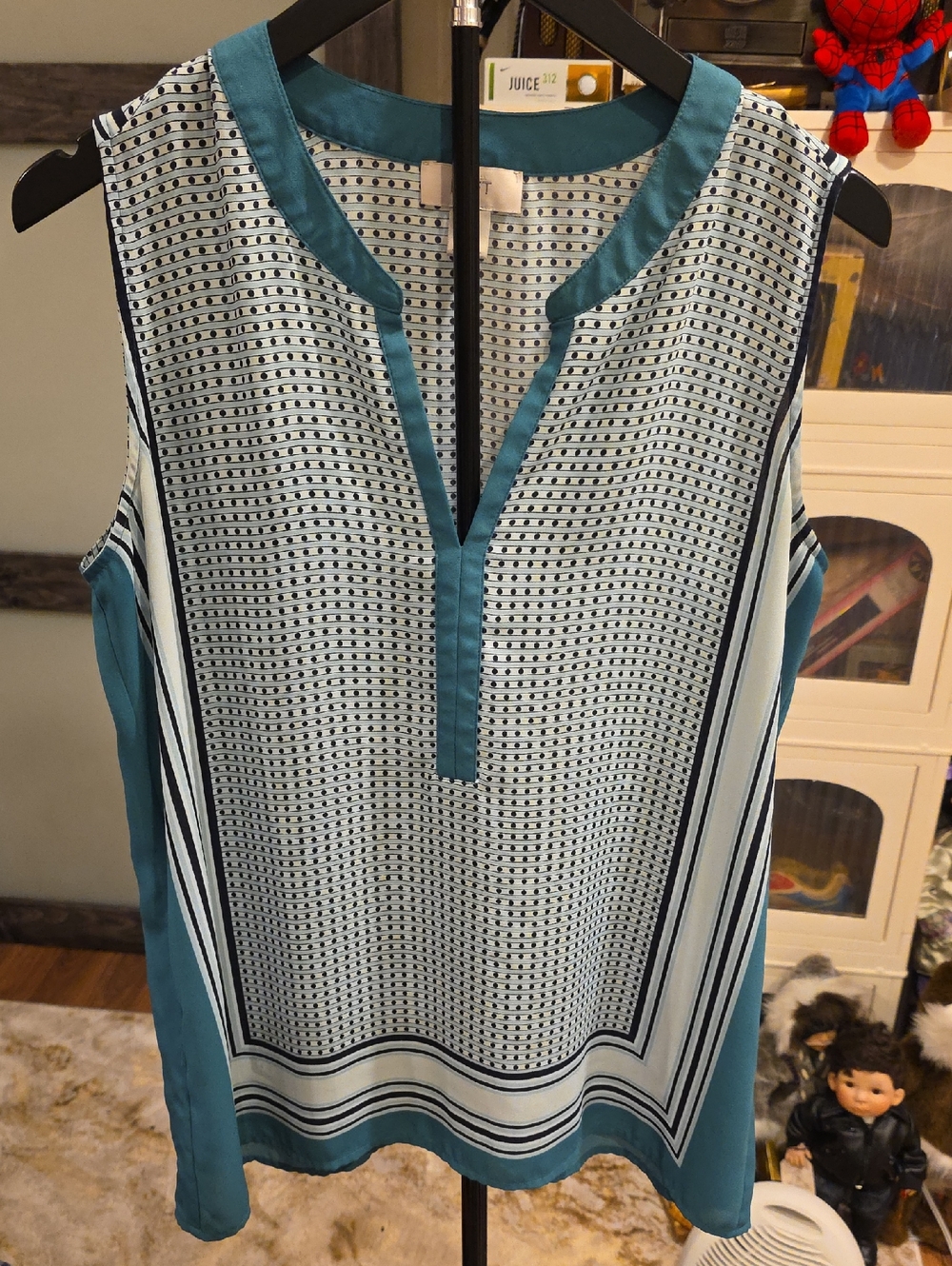 LOFT Teal-Trim Sleeveless Dot-Stripe Shell